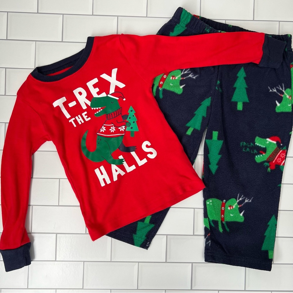 🎄2T🦖 T-Rex the Halls Christmas Dinosaur Pajamas 2pc Cotton Fleece PJs Carters